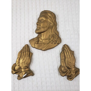 (F5) Vintage 1984 Miller Studio Chalkware Jesus Praying Hands Wall Plaque 3 pcs